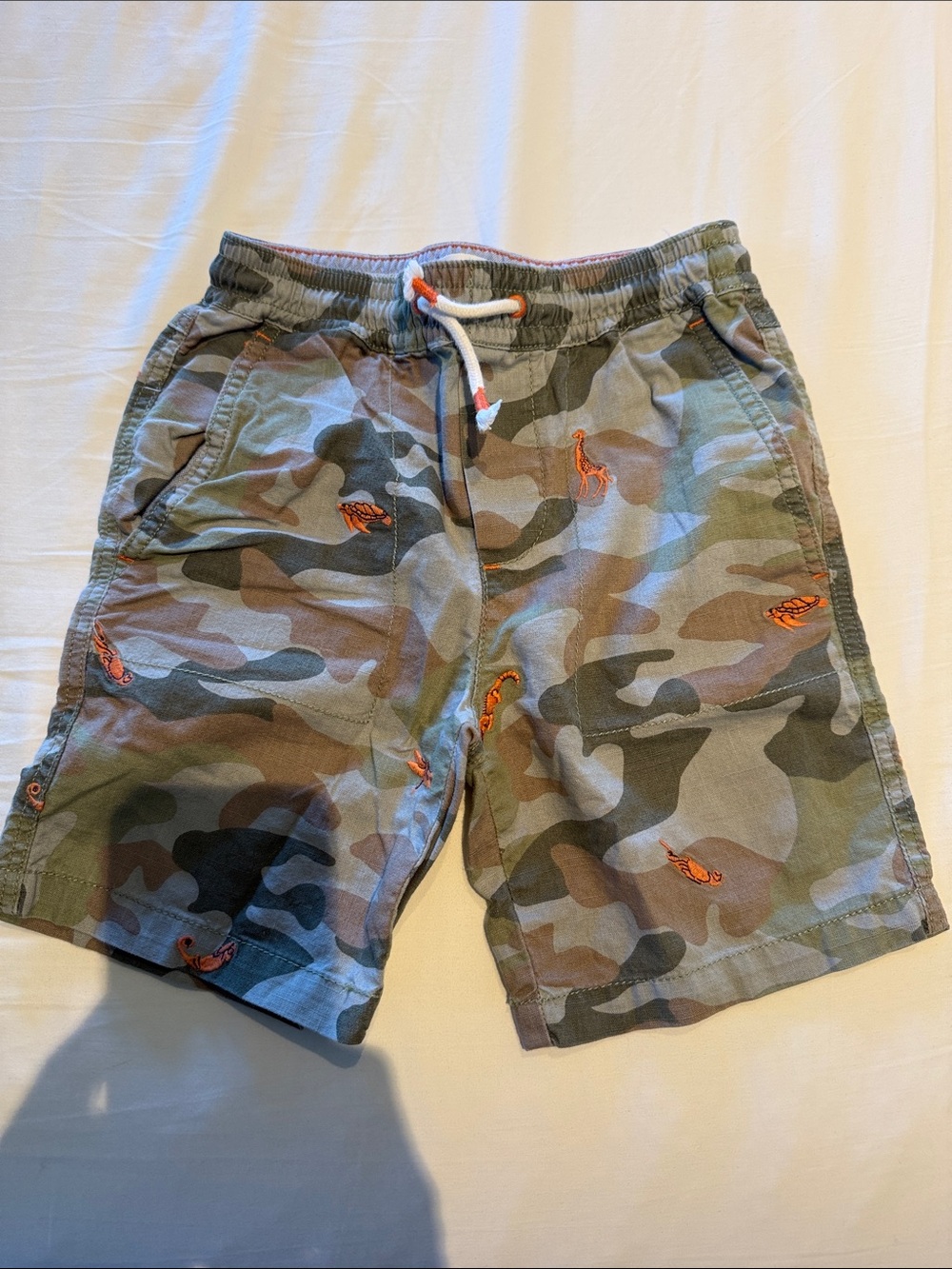 Boden kids Camo Drawstring Shorts with Orange Embroidery
